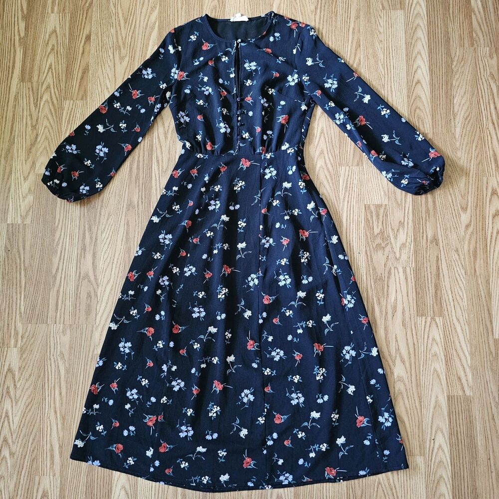 Promesa Dress S Navy Blue Floral Midi Button Lined Whimsigoth Western Boho